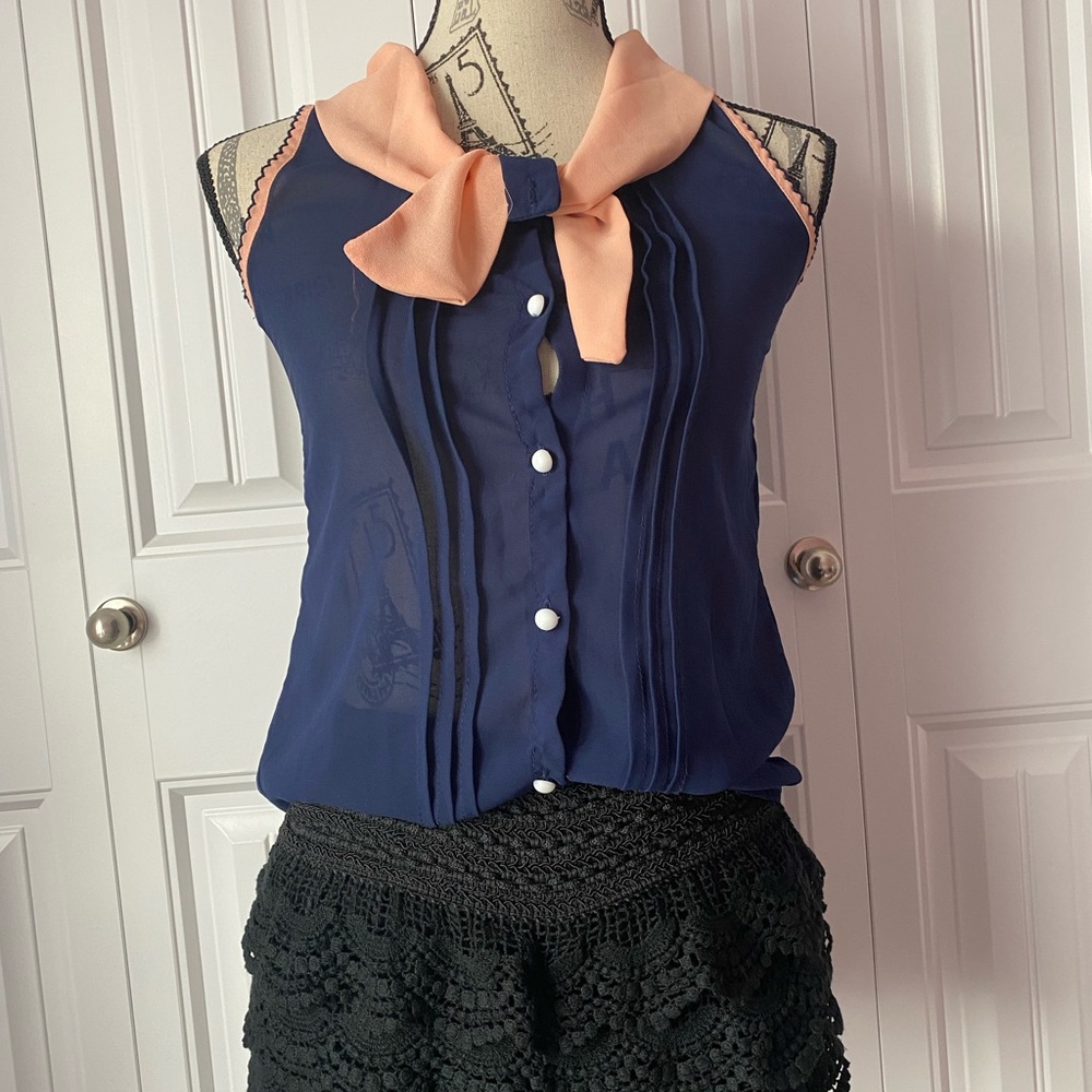 Navy and Peach Sleeveless Blouse